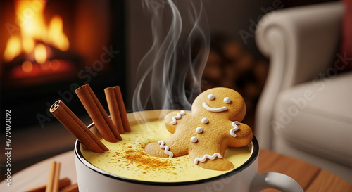 Close-up of drink with gingerbread man and cinnamon, creating warm cozy mood, representing holiday season, relaxation and winter comfort