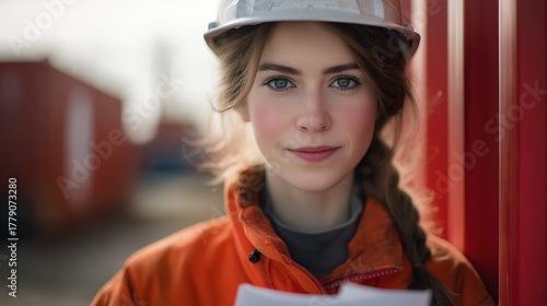 Professional portrait of a confident female construction worker wearing safety helmet and gear showcasing industry professionalism and outdoor work environment