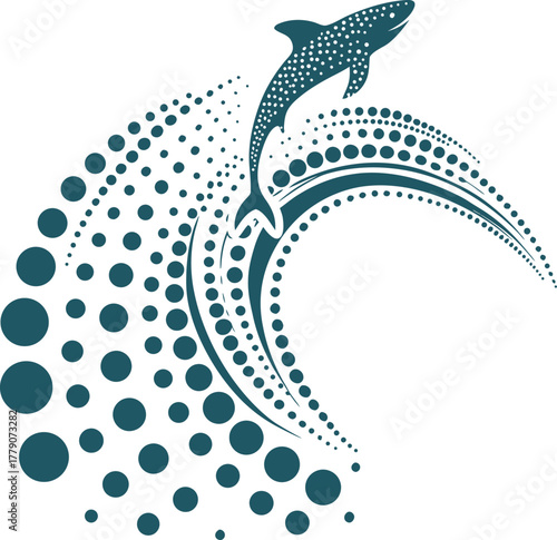 Abstract graphic of a whale shark leaping from an ocean wave composed of stylized dots and circles on a white background