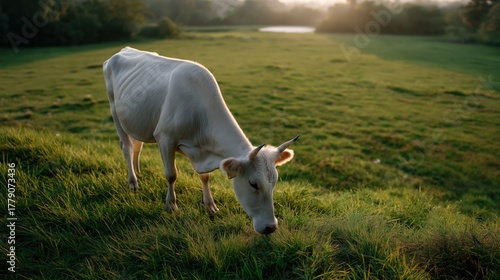 Serene rural landscape featuring a peaceful cow grazing in lush green pasture during golden hour showcasing rural farming livestock nature and scenic outdoor scenery