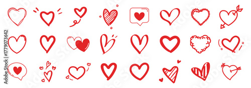 Heart icons set. Hand drawn hearts collection. Love and romance doodles vector illustration on transparent background