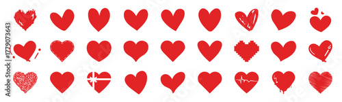 Hand drawn heart icons set, love and romance doodles vector design on transparent background