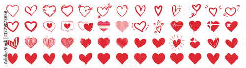 Hand drawn heart icons set, love and romance doodles vector design on transparent background