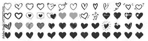 Heart icons set. Hand drawn hearts collection. Love and romance doodles vector illustration on transparent background