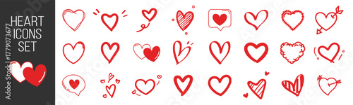 Heart icons set. Hand drawn hearts collection. Love and romance doodles vector illustration on transparent background