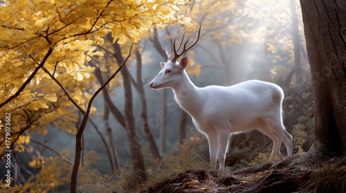 Beautiful wildlife scene featuring a majestic white deer with antlers in a serene forest during autumn showcasing natural landscape sunlight and peaceful outdoor environment