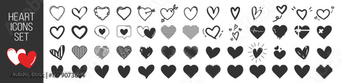 Heart icons set. Hand drawn hearts collection. Love and romance doodles vector illustration on transparent background