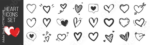 Hand drawn heart icons set, love and romance doodles vector design on transparent background