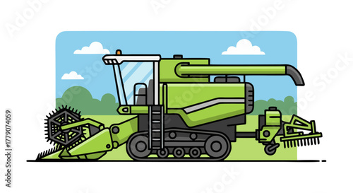 Green Combine Harvester Illustration for Agriculture and Farming.