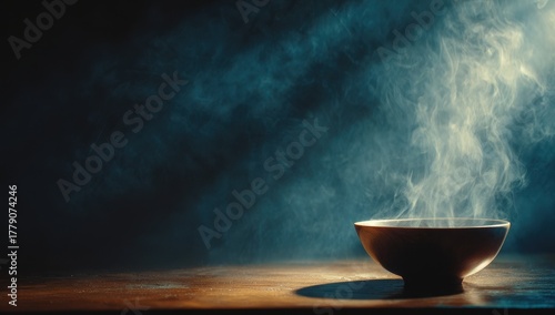 Vibrant photo of bowl of steaming liquid with rising vapor against a dark blue background