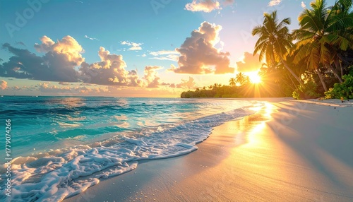 Fototapeta Naklejka Na Ścianę i Meble -  Idyllic Tropical Island Paradise at Golden Hour with Turquoise Waters and Palm Trees casting Long Shadows on White Sand Beach