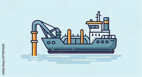 Industrial dredge boat performing marine construction and excavation work.
