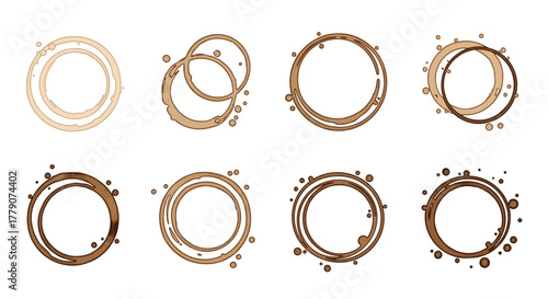 Varied coffee stains collection showcasing unique circular beverage mark illustrations