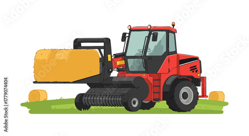 Red Tractor with Hay Bale on Green Field Illustration.