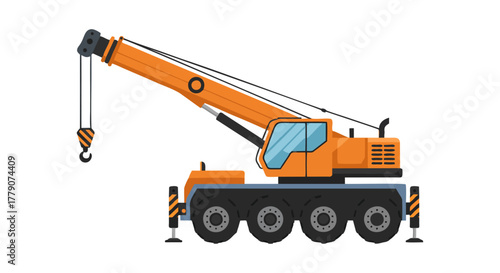 Orange mobile crane with extended boom and hook on white background.