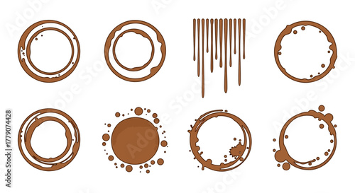 Diverse array of circular vector stains, including rings, drips, and scattered droplets,