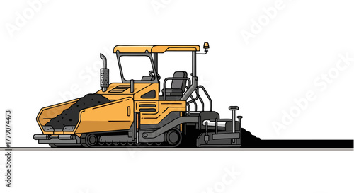 Yellow asphalt paver machine laying down a fresh layer of black asphalt on a road construction site.