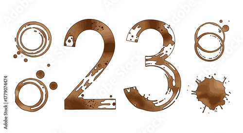 Artistic Coffee Stain Design Featuring Numbers Two and Three with Coffee Rings and Splatter isolated