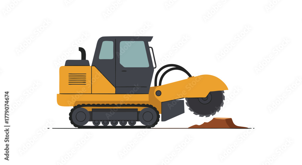 Naklejka premium Yellow stump grinder machine with rotating blade grinding a tree stump.