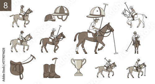Illustrative equestrian polo themed clip art set featuring players horses gear and trophy