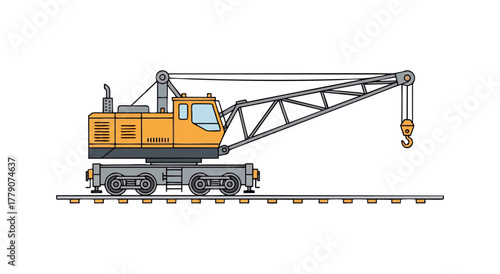 Yellow railroad crane on tracks vector illustration isolated on white background.
