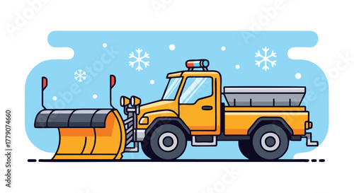 Yellow snowplow truck with blade clearing snow from road.