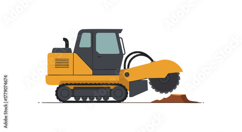 Yellow stump grinder machine with rotating blade grinding a tree stump.