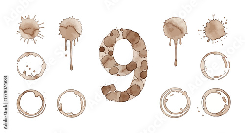 Number nine design with coffee stain elements perfect for creative designs or cafe promotion concept