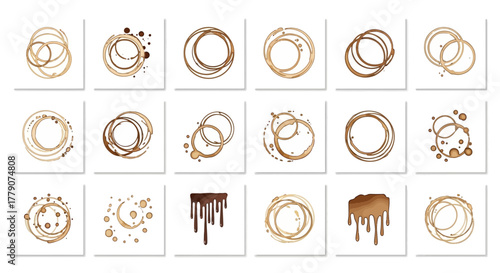 Collection of creative coffee cup stain traces for digital design and branding projects