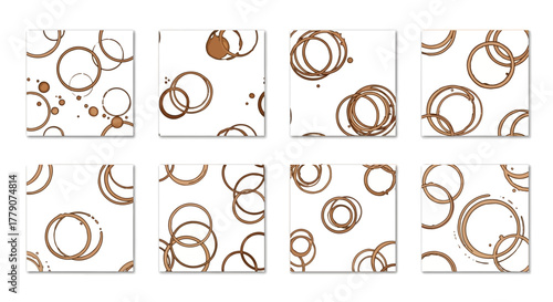 Collection of square tiles depicting brown coffee stains and circular designs for artistic