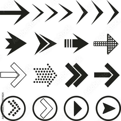 Variety of Black Arrows Set of Directional Symbols and Icons on White Background
