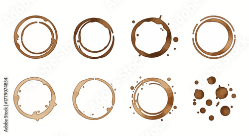Collection of artistic coffee stains and rings on white background showcasing abstract textures