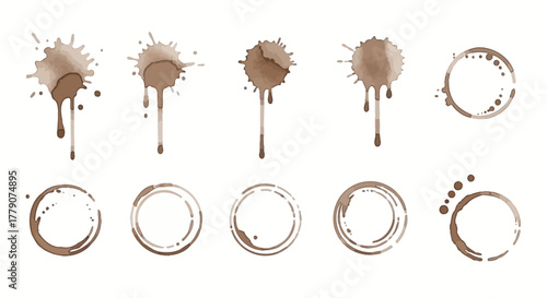 Illustrative compilation showcasing different styles of coffee or tea stains with varied ring