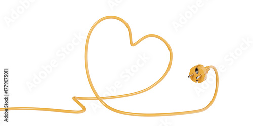 Heart-shaped Cable Plug in yellow. Isolated on a transparent background. 3D illustration