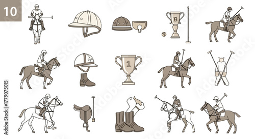 Iconic Polo Sport Illustration with Equestrian Gear and Action Scenes on White Background