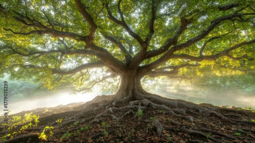 Obraz premium Ancient, sprawling tree, sunlight filtering through lush canopy
