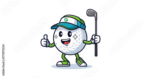 Enthusiastic golf ball character with cap giving thumbs up ready for a perfect swing