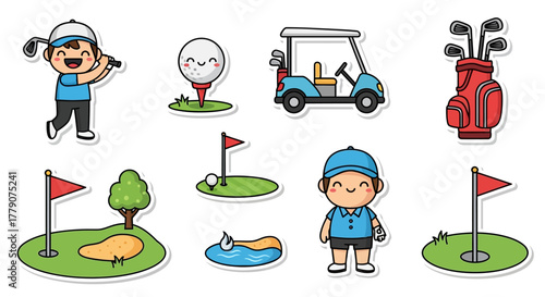 Cute Cartoon Golf Set with Smiling Characters and Equipment for Recreational Activity