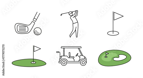 Golfing elements illustration showcasing golf club swing golf course golf cart and putting green