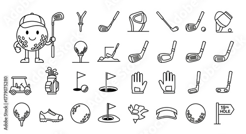 Black and White Line Art Illustration Showcasing Golf Equipment and Course Elements