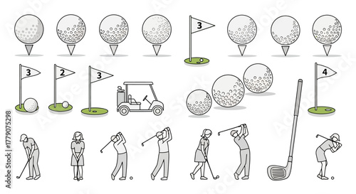 Detailed Line Art Illustration Showcasing Various Golfing Elements and Player Actions