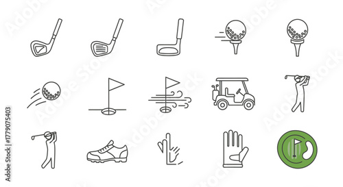 Elegant golf icon set featuring clubs, balls, cart, shoe, player and other elements