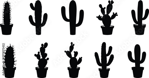 Cactus silhouette in pots collection, desert plant vector set, succulent artwork, botanical illustration, arid flora design, cad drawing flat vector illustration