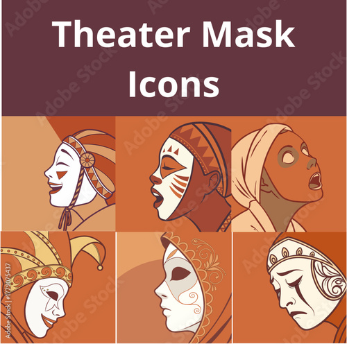 Theater mask icons in colorful design showcasing diverse expressions  