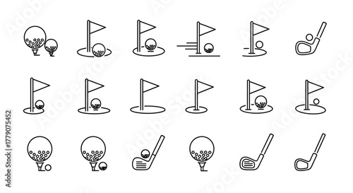 Minimalist golf icons set showcasing golf balls clubs and flags with simple line art elements