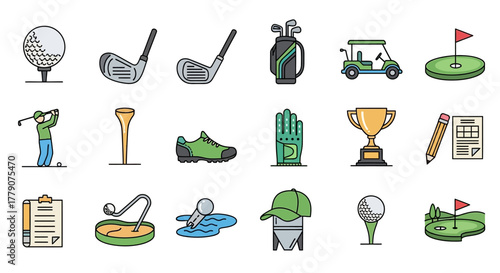 Illustrative Golf Equipment and Accessories Icons Displaying Essential Elements for the Sport