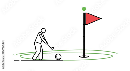 Minimalist golf scene illustration with golfer, ball, green and flag for sports concept