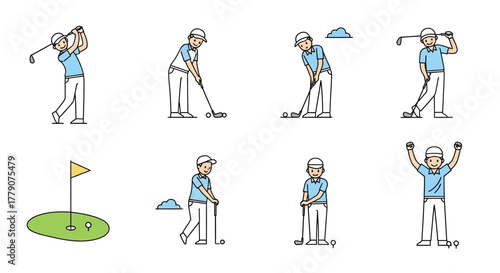 Illustrative depiction of golfing activities showcasing various golfing poses and the course
