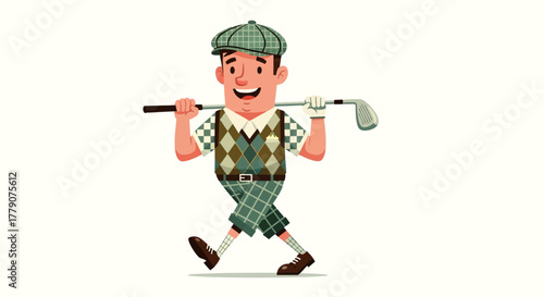 Animated golfer character enjoying a walk on the course with his club and sporting a classic