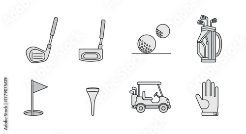Minimalist golf equipment vector illustration featuring clubs, ball, tee, cart and glove on white
